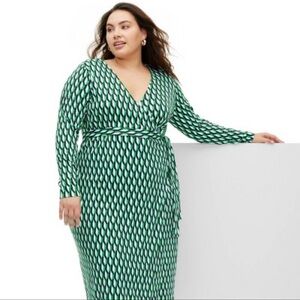 Long Sleeve Midi Arrow Geo Green Wrap Dress - DVFxTarget XL